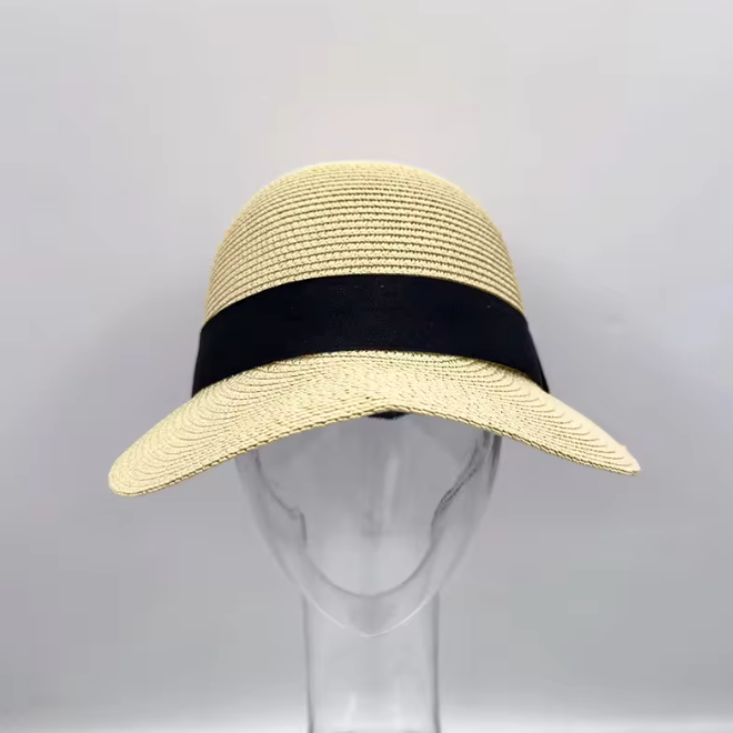 Foldable Wide Brim Straw Beach Sun Cap with Ribbon