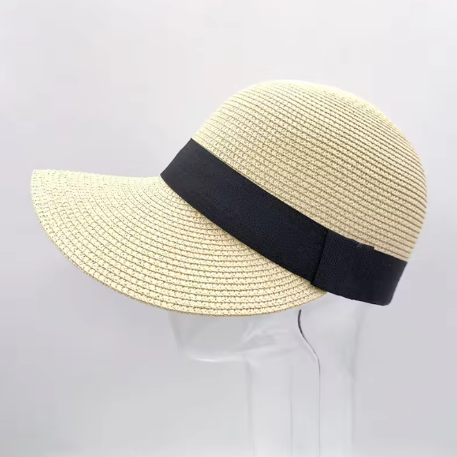 Foldable Wide Brim Straw Beach Sun Cap with Ribbon