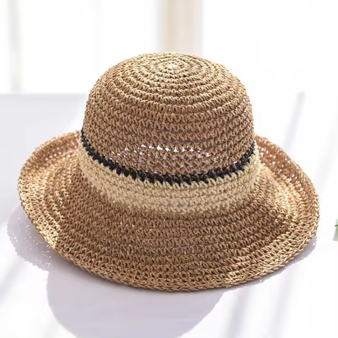 Straw Paper Crochet Handmade Foldable Stripe Sun Beach Bucket Hat 