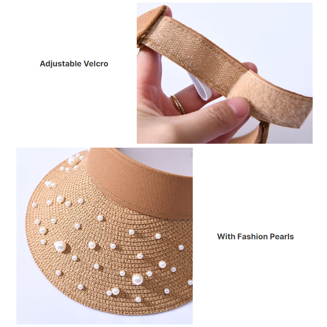 Elegant Pearl Straw Wide Brim Visor Straw Hat