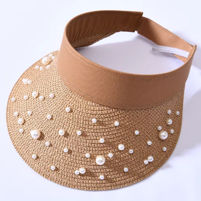 Elegant Pearl Straw Wide Brim Visor Straw Hat