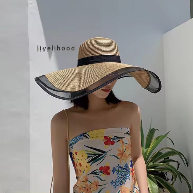 Lace Brim Straw Floppy Beach Sun Visor Hat