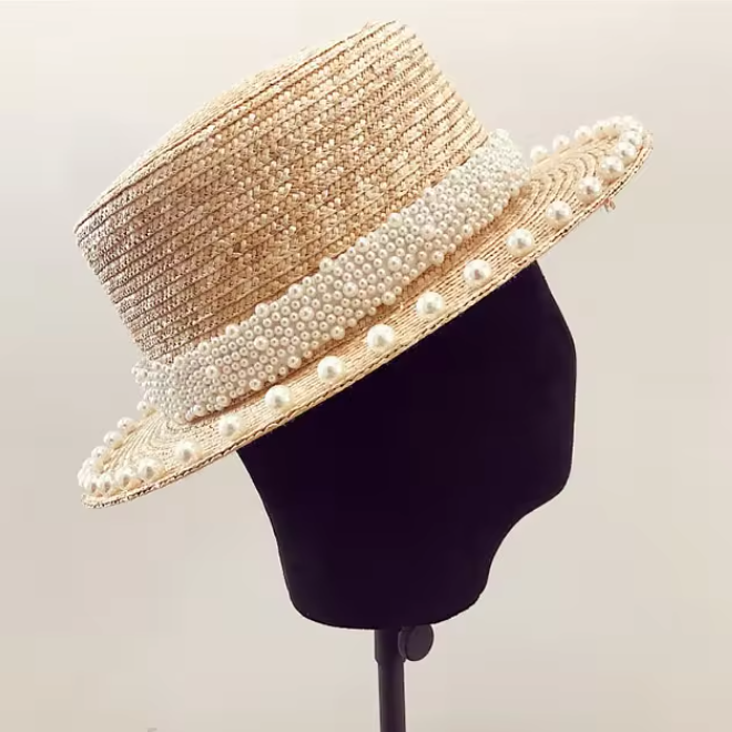 Flat Top Jazz Beach Pearls Wheat Straw Hat