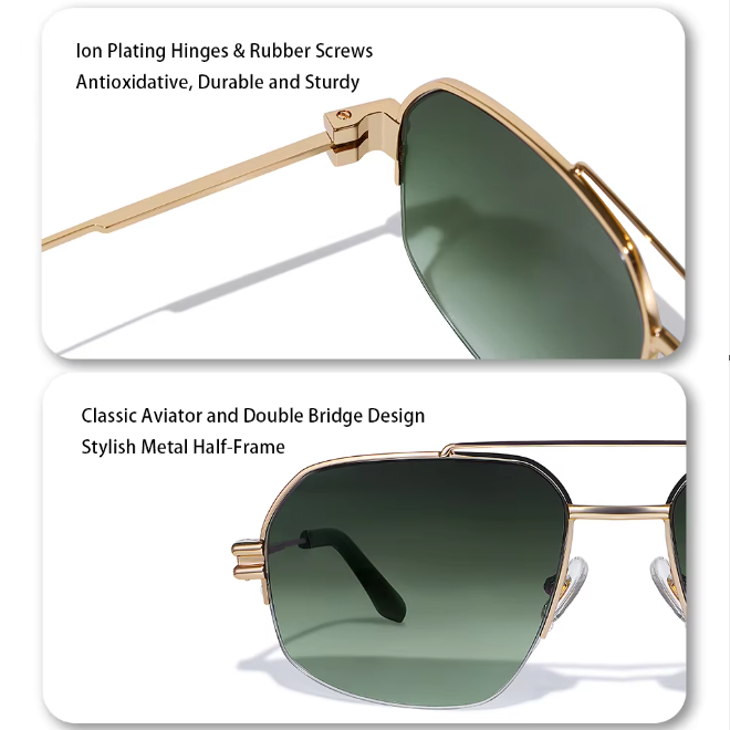 Semi Rimless Double Bridge UV Protective Metal Sunglasses